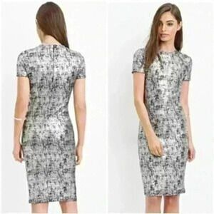 Forever 21 Dress‎ Womens Large Sheath Silver Black Metallic Short Sleeve BodyCon